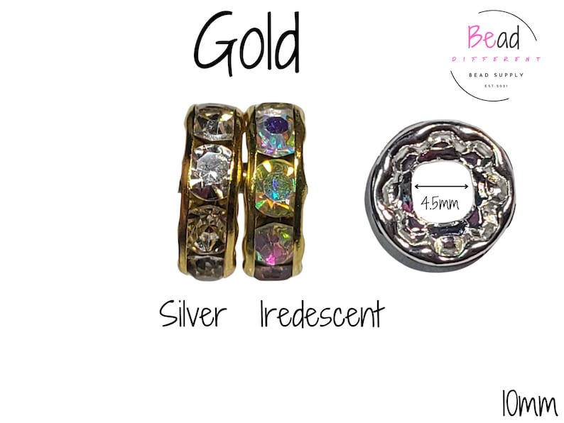 May include: Three different colored spacer beads for jewelry making. The beads are 10mm in diameter and have a 4.5mm hole. The beads are gold, silver, and iridescent.