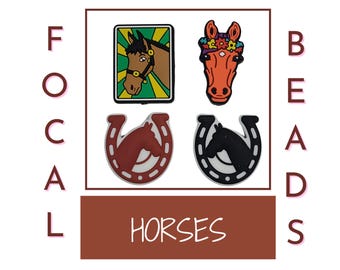 May include: Four horse-themed focal beads arranged in a square. Top left: brown horse in a green and yellow frame. Top right: orange horse with a floral crown. Bottom left: red horseshoe with a horse silhouette. Bottom right: black horseshoe with a horse silhouette. Text reads FOCAL BEADS HORSES.