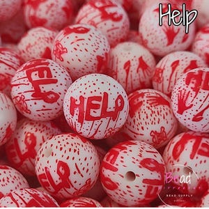 Halloween Beads, Blood Splatter Beads, Help Beads, Spooky Bead, 15mm Round Printed Bead, Bulk Bead, DIY Craft Beads for Pens, Lanyard Beads