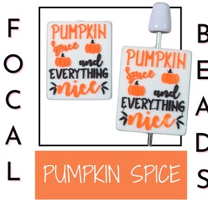 Op de afbeelding: Twee witte rechthoekige kralen met de tekst "PUMPKIN Spice and EVERYTHING nice" in oranje en zwart. De kralen hebben oranje pompoenafbeeldingen. De woorden "PUMPKIN SPICE" staan in een oranje rechthoek.