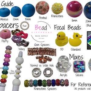 May include: A variety of beads and bead components are displayed, including spacers, focal beads, and kits. The image includes text that reads "Bead Guide", "Bead Different Bead Supply", and "For Reference Only". Bead sizes are listed in millimeters.