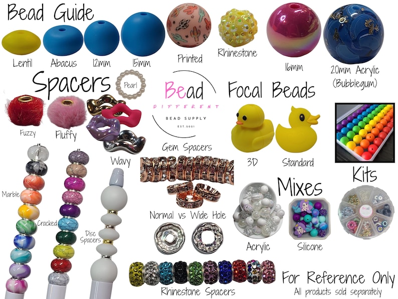 May include: A variety of beads and bead components are displayed, including spacers, focal beads, and kits. The image includes text that reads "Bead Guide", "Bead Different Bead Supply", and "For Reference Only". Bead sizes are listed in millimeters.