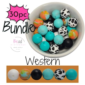 Mixed Bundle Beads, Western Style Beads, Cow Print Beads, Solid Silicone Round Beads, 15mm Bulk Crafting Beads for Beaded Pens, 30-Pack
