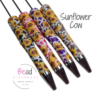 Sunflower Pen, Bundle Pack of Pens, Printed Beaded Pen Blanks, DIY Craft Pens, Pens in Bulk, Black Ink Pens, Cow Print Pens, 4 Pack