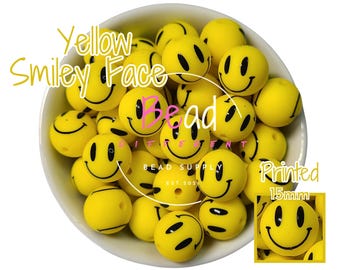 Smiley Beads, 15mm Round Beads, Printed Beads, Bulk Beads, DIY Crafting Beads, Beads for Pens, Lanyard Bead,  Keychain Beads, Loose Beads