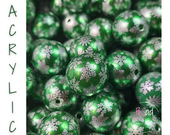 20mm Bubblegum Beads, Green Snowflake Beads, Chunky Bead, Acrylic Bead, Christmas Beads, DIY Craft Beads for Pens, Lanyard Bead, Bead Supply
