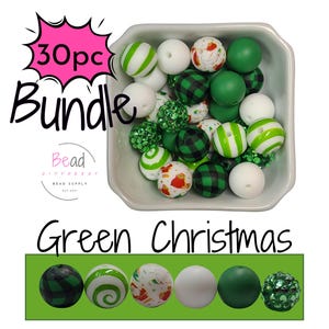 Mixed Bundle Bead, Green Beads, Spiral Beads, Christmas Bead, Silicone Round Beads, Rhinestone Bead, 15mm Bulk Craft Beads for Pens, 30-pack
