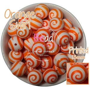 Orange Swirl Beads, 15mm Round Beads, Printed Beads, Bulk Beads, DIY Crafting Beads, Beads for Pens, Lanyard Bead, Keychain Bead, Loose Bead