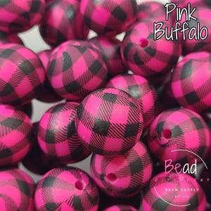 Pink Plaid Bead, 15mm Round Bead, Printed Beads, Bulk Bead, DIY Craft Beads for Pens, Lanyard Beads, Keychain Bead, Loose Bead, Checker Bead