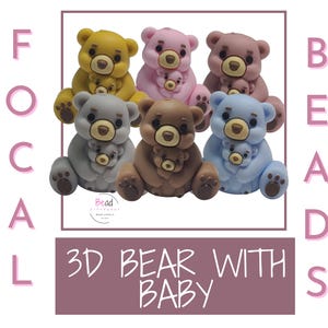 May include: Set of six 3D bear charm beads, each with a baby bear. The bears are in various colors, including pink, brown, gray, blue, and yellow.