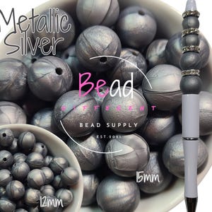 Silicone Round Beads, Solid Metallic Silver Beads, 15mm Beads in Bulk, 12mm Spacer Beads, Shades of Grey Beads, DIY Craft Beads for Pens