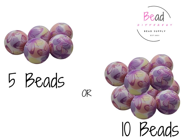 May include: A set of 5 or 10 colorful beads with a butterfly pattern. The beads are white with pink and purple butterflies. The beads are available in two sizes, 5 beads or 10 beads.