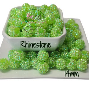 14mm Light Green Rhinestone Beads, Spacer Beads, Chunky Bubblegum Beads, Resin Beads, Crafting Beads, Chunky Acrylic Beads, Beads for Pens
