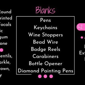 May include: Black graphic with a list of craft blanks, including pens, keychains, and wine stoppers. Additional extras like ink refills and bead kits are also listed. The text also mentions "Ready to Ship" and "1-2 business days".
