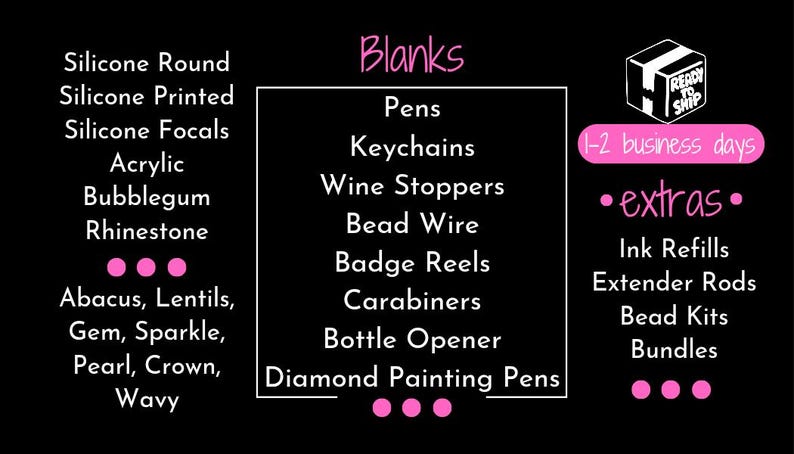 May include: Black graphic with a list of craft blanks, including pens, keychains, and wine stoppers. Additional extras like ink refills and bead kits are also listed. The text also mentions "Ready to Ship" and "1-2 business days".