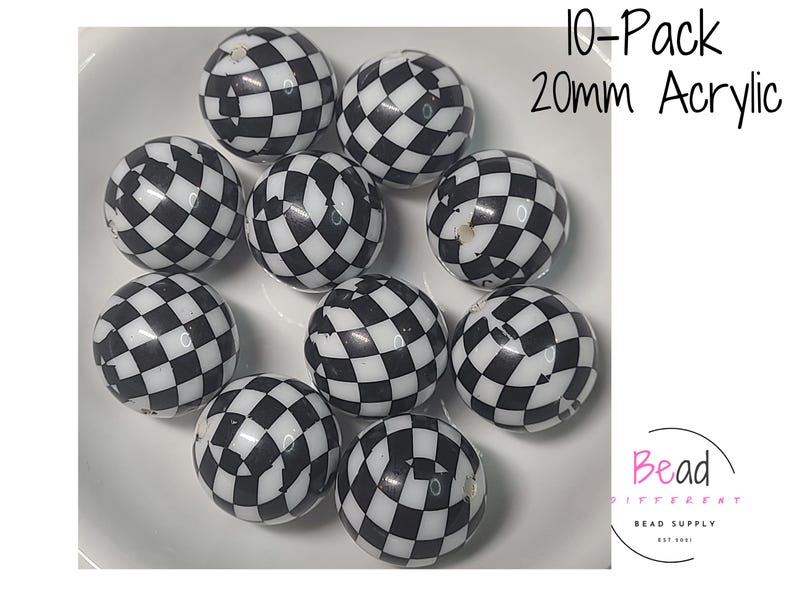 May include: A collection of ten 20mm acrylic beads with a black and white checkered pattern. The beads are spherical and displayed on a white surface. Text in the image reads "10-Pack 20mm Acrylic".