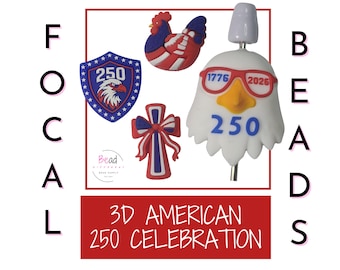 Patriotiska fokuspärlor, 3D-silikonpärlor från USA, örnpärla, patriotisk korspärla, tupppärla, 250 år av pärlor, Americana Crafts