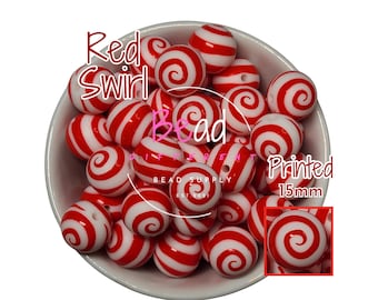 Perline stampate, perline rotonde in silicone, perline a spirale rosse, perline a spirale, perline da 15 mm, perline fai da te, perline per cordini, perline per penne, 15 mm