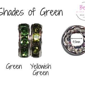 May include: Two silver spacer beads with green and yellowish green rhinestones. The beads are 10 mm in diameter and have a 4.5 mm hole. "Shades of Green" and "Bead Different Bead Supply" are written on the image.