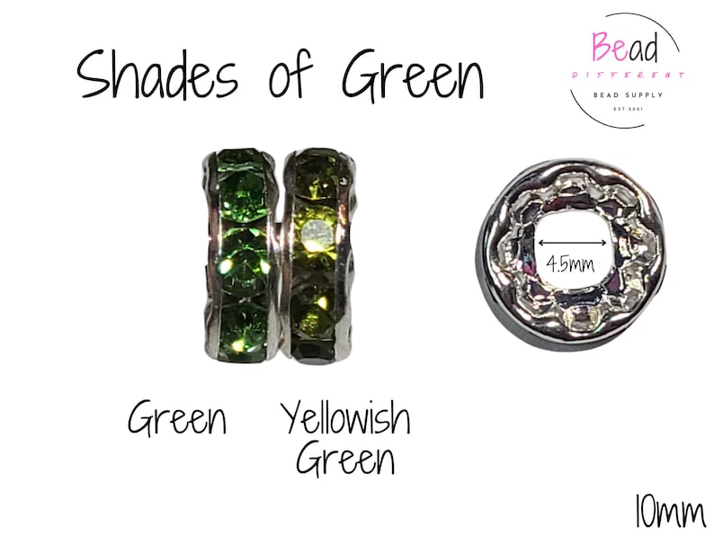 May include: Two silver spacer beads with green and yellowish green rhinestones. The beads are 10 mm in diameter and have a 4.5 mm hole. "Shades of Green" and "Bead Different Bead Supply" are written on the image.