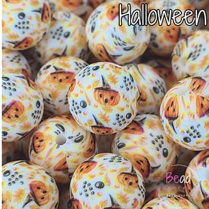 Halloween Beads, Pumpkin Beads, White Beads, Spooky Bead, 15mm Round Printed Bead, Bulk Bead, DIY Craft Beads for Pens, Lanyard Beads