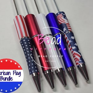American Flag Pen Bundle Pack, Printed Beaded Pen Blanks, Crafting Pens, Pens in Bulk, Black Ink Pens, Beadable Pens for Crafts, 5 Pack
