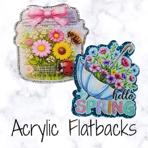 Decorazione primaverile a fondo piatto, cabochon floreale, resina "Ciao primavera", decorazione a fondo piatto per barattolo di fiori, artigianato a tema giardino, decorazione coccinella-ape, decorazione per portabadge