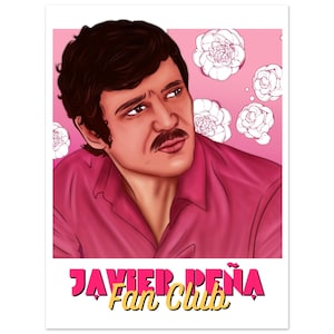 Könnte beinhalten: Illustration eines Mannes mit dunklem Haar und Schnurrbart, der ein rosa Hemd trägt. Der Hintergrund ist rosa mit weißen Blumenillustrationen. Der Text "JAVIER PEÑA Fan Club" befindet sich unten.