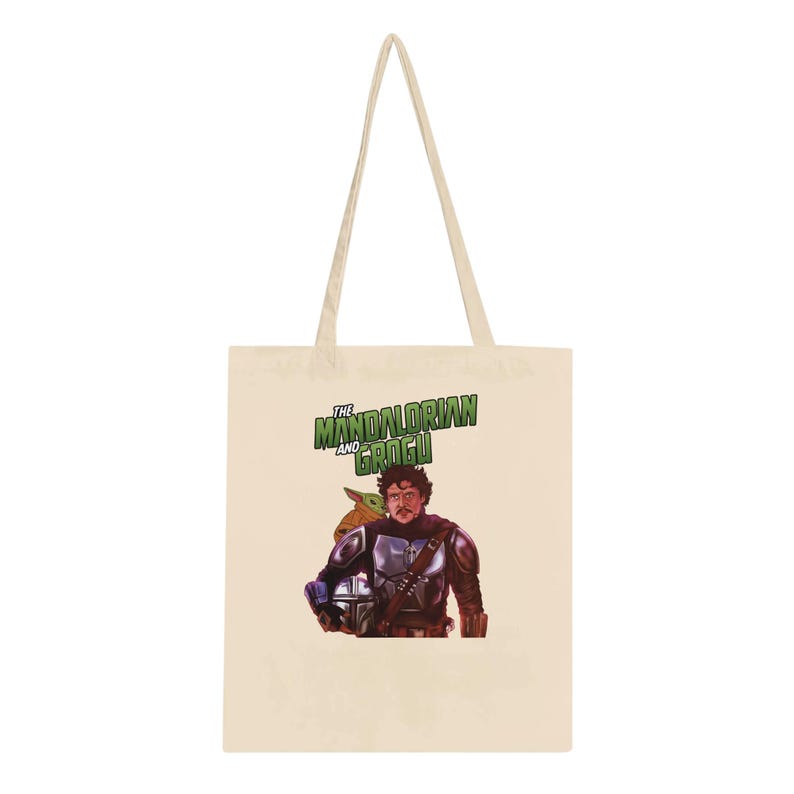 Bolso de tela de The Mandalorian y Grogu / Regalo de fan art de Star Wars de Pedro Pascal / Ilustrado por Teshiiex imagen 1