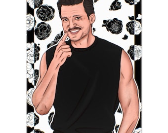 Lámina de fan art de Pedro Pascal en Cannes / Ilustración floral en blanco y negro