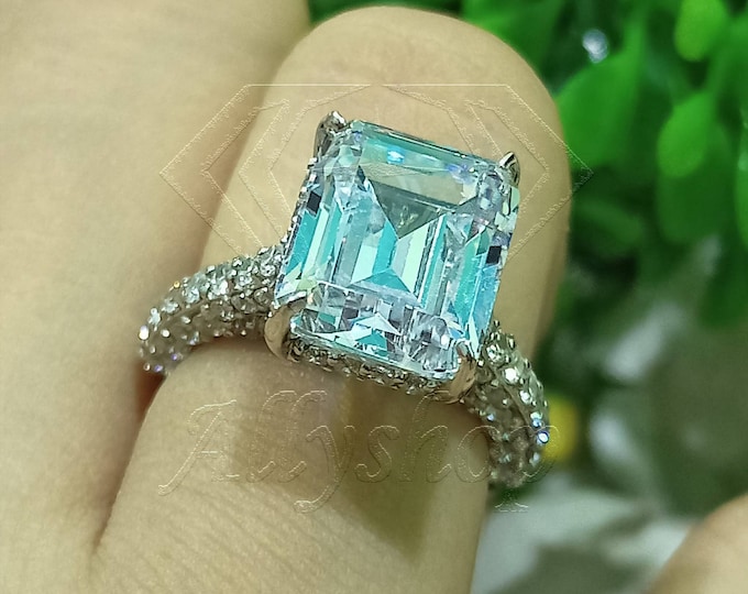 Emerald Cut Sparkle Sapphire Hidden Halo Solitaire With Accents Engagement Ring 14K White Gold Over-White Emerald Wedding Ring For Women