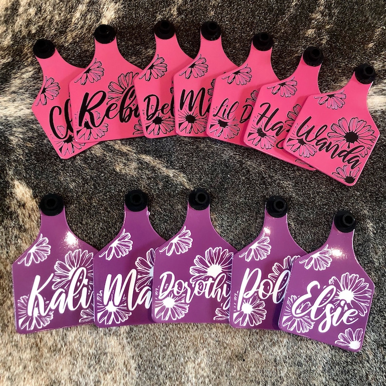 Custom laser-engraved cattle ear tag featuring durable Ritchey material with deep, long-lasting engraving. Includes Y-Tex button for secure attachment. Easy identification, weather resistance, and personalization with names, numbers, or ranch logos.