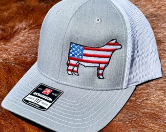 American Flag Show Steer Trucker Hat – Richardson 112 Livestock Embroidery