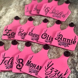 Pink engraved livestock ear tags with black lettering. The tags feature various names.