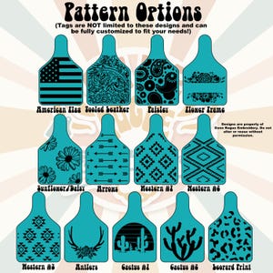 A list of available patterns and background designs for custom engraved ear tags.