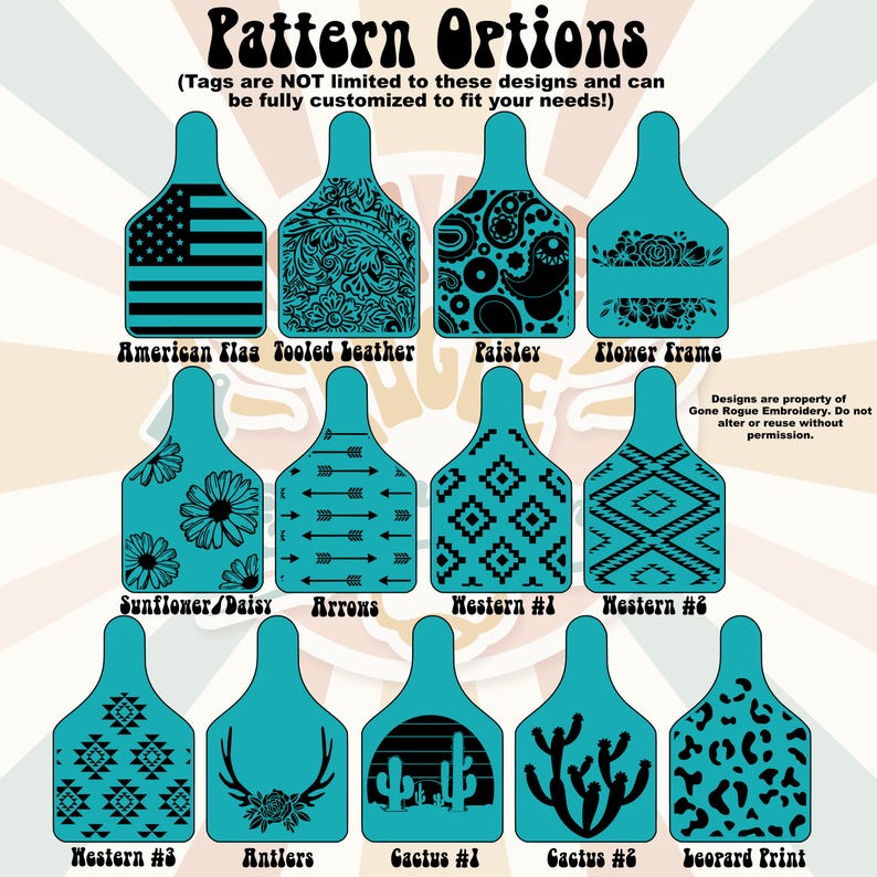 A list of available patterns and background designs for custom engraved ear tags.