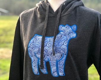 Show Steer Embroidered Hoodie, Red Aztec or Blue Paisley, Stock Show Apparel, Personalized Show Cattle Hooded Sweatshirt, Gift for Showmen