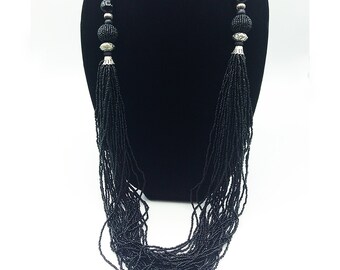 Vintage Art Deco Style Long Black Bead Multistrand Seed Beads Statement Necklace
