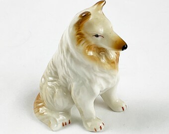 Figurina di cane seduto Collie in porcellana vintage