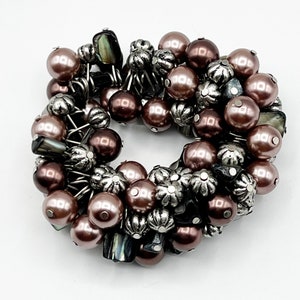 Pretty Pearly Brown Mocha Bead Cluster Stretch Bracelet w Silver