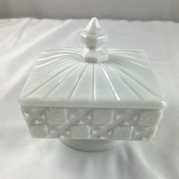 Vintage Westmoreland Milk Glass Old Quilt Covered Candy Dish Square