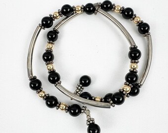 Vintage Black and Silver Tone Bead Memory Wire Cuff Bracelet
