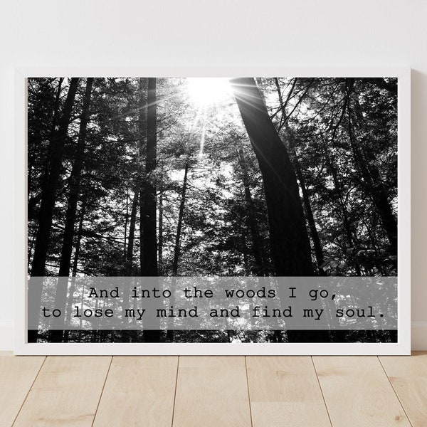 Y entro en el bosque para perder la cabeza y encontrar mi alma, impresión fotográfica en blanco y negro, cita de John Muir, arte de pared con el sol brillando a través de los árboles