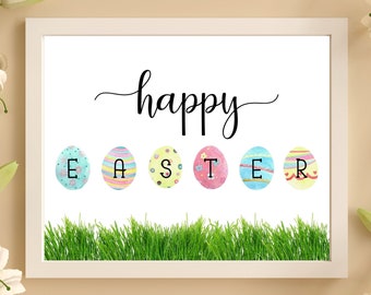 Happy Easter Printable Wall Art, Easter Egg Home Decor, Pastel Spring Sign, Easter Instant Digital Download