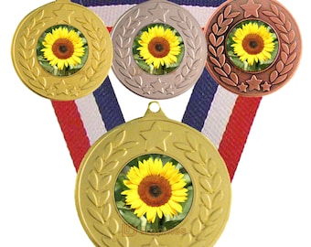 Sunflower Medal & Ribbon. Engraving Included to the Back, available in Gold Silver or Bronze, Gardening Medal, Flower Medal