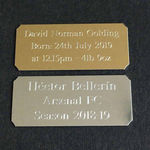 Engraved Plate Gold or Silver, Self Adhesive Engraved Plaque, Name Plate, Ideal for Photo Frames, Choice of Fonts, Concave Corners