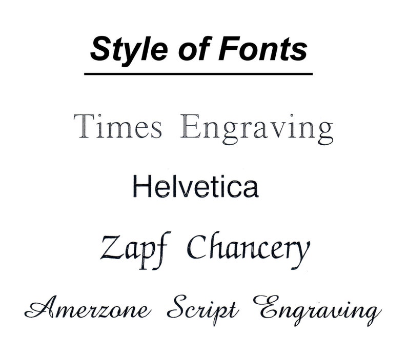 May include: A graphic showing different font styles, including Times Engraving, Helvetica, Zapf Chancery, and Amerzone Script Engraving.