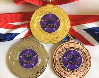 Dance Medal & Ribbon with Dance Award Centre. Engraving Included to the Back, available in Gold Silver or Bronze, Sports Medal