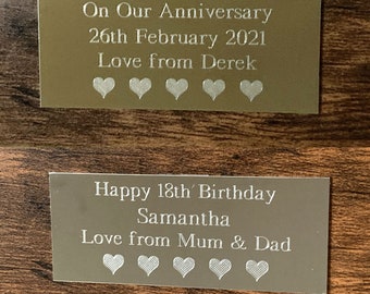 Engraved Plate - 5 Hearts, Valentines Day, Christening, Weddings, Anniversary Gift, Engraved Plaque & Hearts,  Square Corners gold or Silver