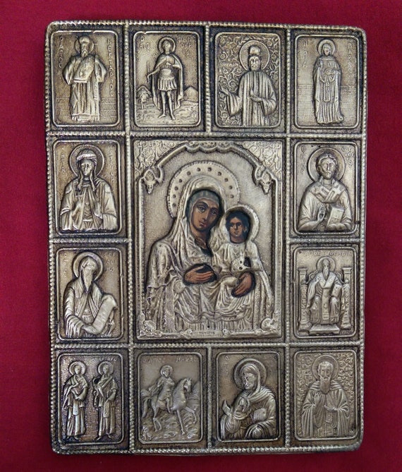 Old unique silver orthodox hand painted icon of the Virgin Etsy